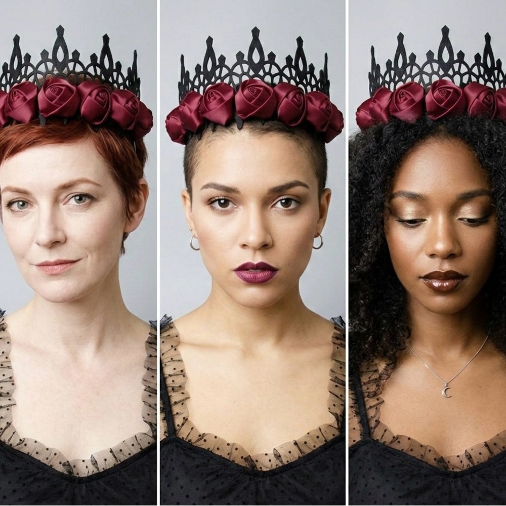 Midnight Rose Gothic Crown – Ornate Black Lace & Crimson Satin Rose Headband - Picture 4 of 11